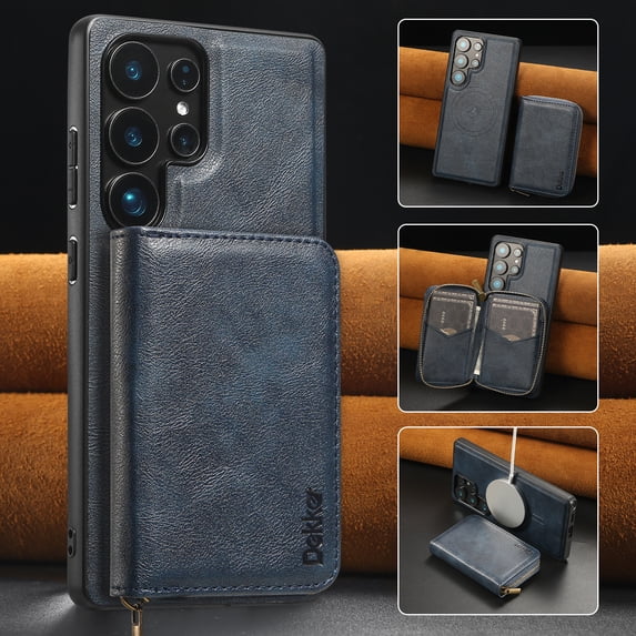 Wallet Phone Case Compatible with Samsung Galaxy S25 Ultra,PU Leather 2 in 1 Detachable Magnetic Case With Card Holder Kickstand,With Flip Zipper Wallet Shockproof Rugged Phone Case,Blue