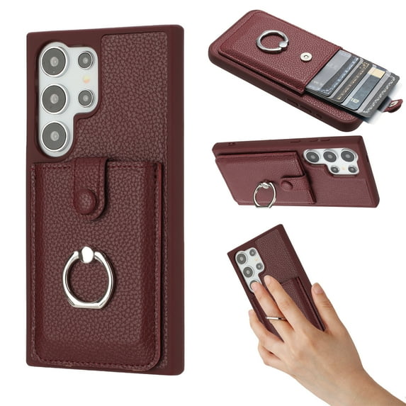 Wallet Phone Case Compatible with Samsung Galaxy S25 Ultra,With 360° Rotatable Finger Ring Holder Kickstand,Card Slots,PU Leather Shockproof Anti-fall Heavy Duty Rugged Phone Case,Winered