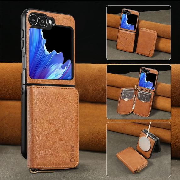 Wallet Phone Case Compatible with Samsung Galaxy Z Flip 3,PU Leather 2 in 1 Detachable Magnetic Case With Card Holder Kickstand,With Flip Zipper Wallet Shockproof Rugged Phone Case,Brown