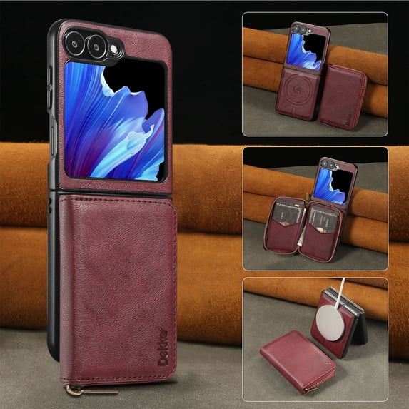 Wallet Phone Case Compatible with Samsung Galaxy Z Flip 4,PU Leather 2 in 1 Detachable Magnetic Case With Card Holder Kickstand,With Flip Zipper Wallet Shockproof Rugged Phone Case,Winered