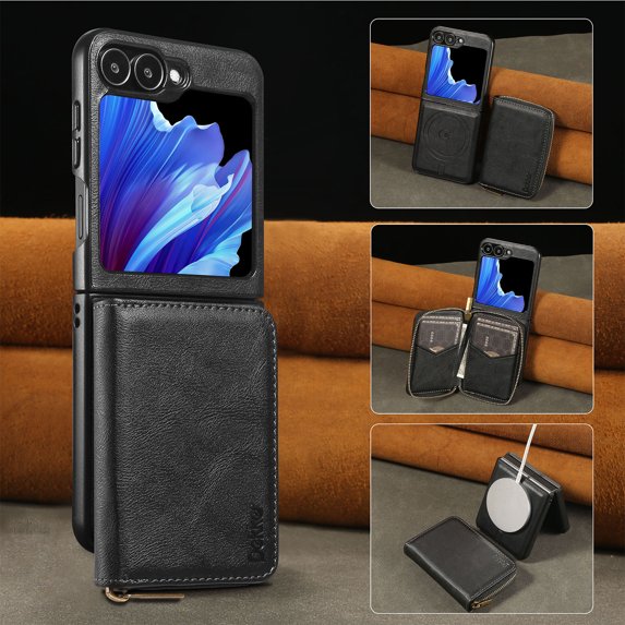 Wallet Phone Case Compatible with Samsung Galaxy Z Flip 6,PU Leather 2 in 1 Detachable Magnetic Case With Card Holder Kickstand,With Flip Zipper Wallet Shockproof Rugged Phone Case,Black