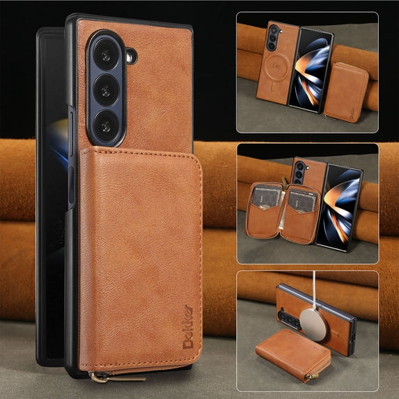 Wallet Phone Case Compatible with Samsung Galaxy Z Fold 3,PU Leather 2 in 1 Detachable Magnetic Case With Card Holder Kickstand,With Flip Zipper Wallet Shockproof Rugged Phone Case,Brown