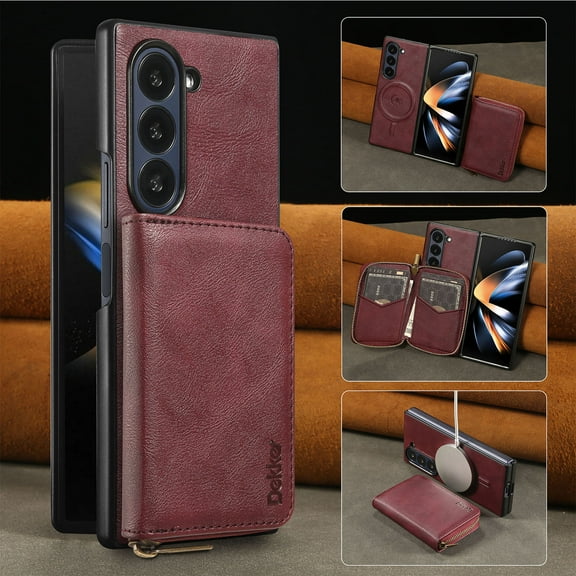 Wallet Phone Case Compatible with Samsung Galaxy Z Fold 3,PU Leather 2 in 1 Detachable Magnetic Case With Card Holder Kickstand,With Flip Zipper Wallet Shockproof Rugged Phone Case,Winered