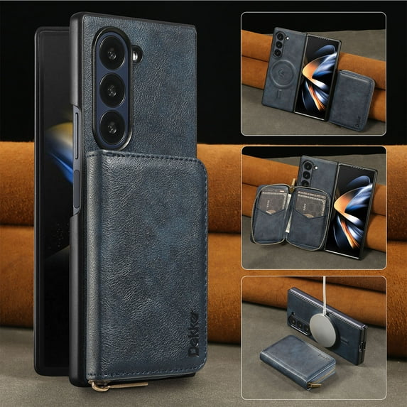 Wallet Phone Case Compatible with Samsung Galaxy Z Fold 6,PU Leather 2 in 1 Detachable Magnetic Case With Card Holder Kickstand,With Flip Zipper Wallet Shockproof Rugged Phone Case,Blue