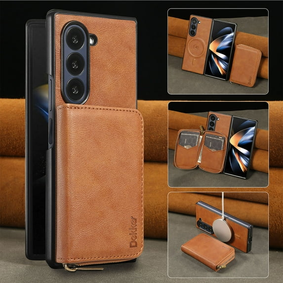 Wallet Phone Case Compatible with Samsung Galaxy Z Fold 6,PU Leather 2 in 1 Detachable Magnetic Case With Card Holder Kickstand,With Flip Zipper Wallet Shockproof Rugged Phone Case,Brown