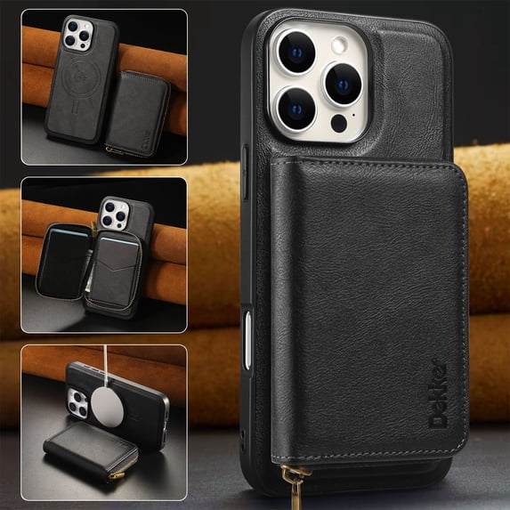 Wallet Phone Case Compatible with iPhone 13,PU Leather 2 in 1 Detachable Magnetic Case With Card Holder Kickstand,With Flip Zipper Wallet Shockproof Rugged Phone Case,Black