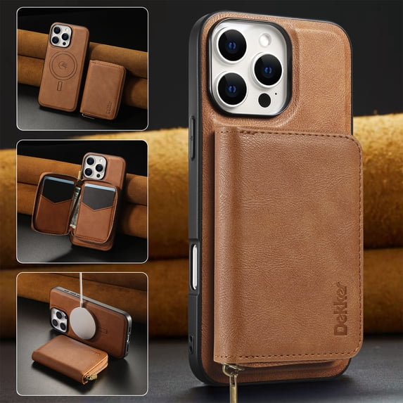 Wallet Phone Case Compatible with iPhone 14,PU Leather 2 in 1 Detachable Magnetic Case With Card Holder Kickstand,With Flip Zipper Wallet Shockproof Rugged Phone Case,Brown