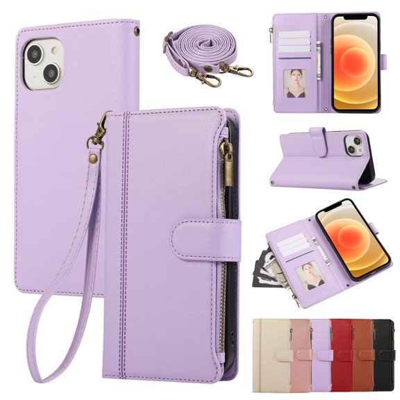Wallet Phone Case Compatible with iPhone 14 Plus,Retro PU Leather Strap Wristlet Flip Phone Case with Magnetic Closure,[RFID Blocking] Card Holder and Kickstand for Men Women,Purple