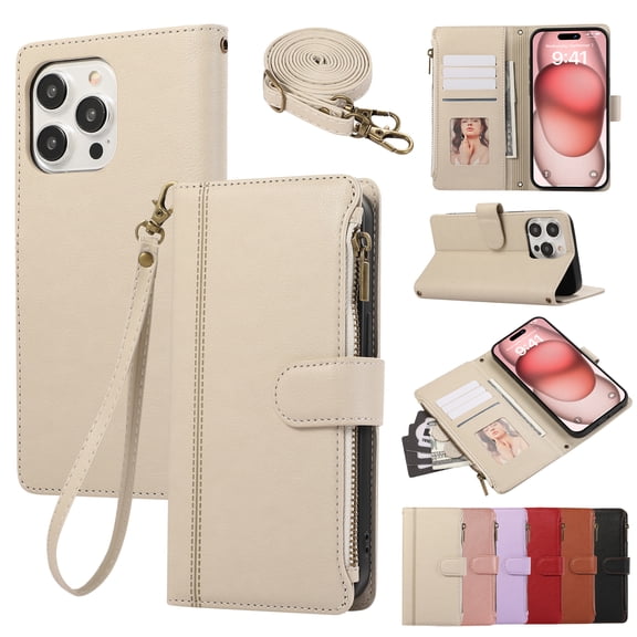 Wallet Phone Case Compatible with iPhone 14 Pro Max,Retro PU Leather Strap Wristlet Flip Phone Case with Magnetic Closure,[RFID Blocking] Card Holder and Kickstand for Men Women,Beige