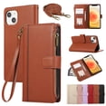 thumbnail image 1 of Wallet Phone Case Compatible with iPhone 14,Retro PU Leather Strap Wristlet Flip Phone Case with Magnetic Closure,[RFID Blocking] Card Holder and Kickstand for Men Women,Brown, 1 of 9