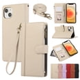 thumbnail image 1 of Wallet Phone Case Compatible with iPhone 15 Plus,Retro PU Leather Strap Wristlet Flip Phone Case with Magnetic Closure,[RFID Blocking] Card Holder and Kickstand for Men Women,Beige, 1 of 9