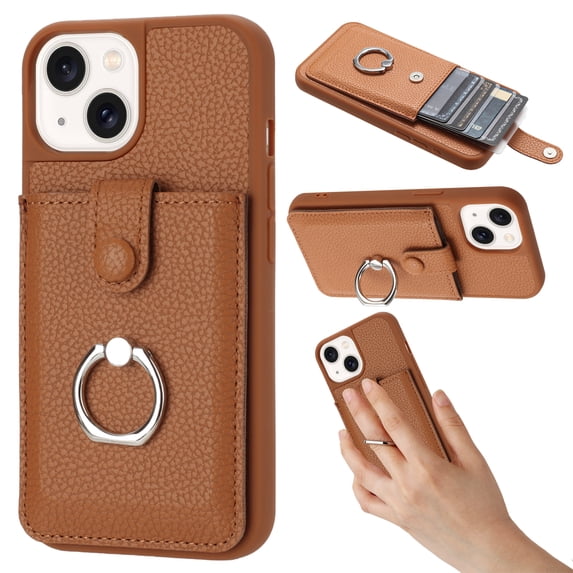 Wallet Phone Case Compatible with iPhone 15,With 360° Rotatable Finger Ring Holder Kickstand,Card Slots,PU Leather Shockproof Anti-fall Heavy Duty Rugged Phone Case,Brown