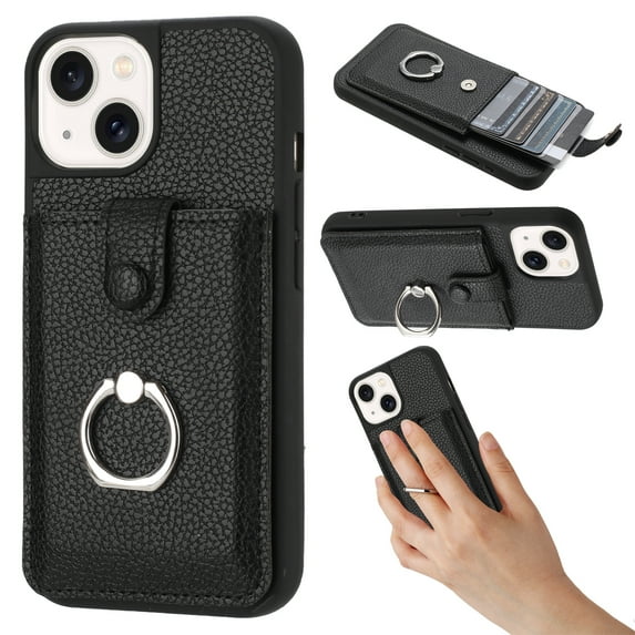 Wallet Phone Case Compatible with iPhone 15,With 360° Rotatable Finger Ring Holder Kickstand,Card Slots,PU Leather Shockproof Anti-fall Heavy Duty Rugged Phone Case,Black