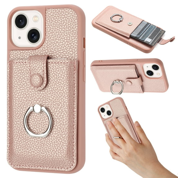 Wallet Phone Case Compatible with iPhone 15,With 360° Rotatable Finger Ring Holder Kickstand,Card Slots,PU Leather Shockproof Anti-fall Heavy Duty Rugged Phone Case,Rosegold