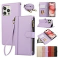 thumbnail image 1 of Wallet Phone Case Compatible with iPhone 16 Plus,Retro PU Leather Strap Wristlet Flip Phone Case with Magnetic Closure,[RFID Blocking] Card Holder and Kickstand for Men Women,Purple, 1 of 9