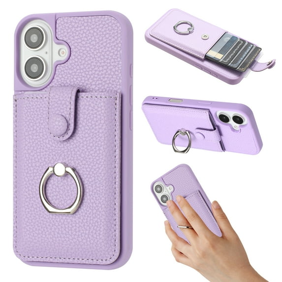 Wallet Phone Case Compatible with iPhone 16 Plus,With 360° Rotatable Finger Ring Holder Kickstand,Card Slots,PU Leather Shockproof Anti-fall Heavy Duty Rugged Phone Case,Purple