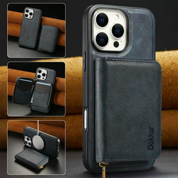 Wallet Phone Case Compatible with iPhone 16 Pro Max,PU Leather 2 in 1 Detachable Magnetic Case With Card Holder Kickstand,With Flip Zipper Wallet Shockproof Rugged Phone Case,Blue