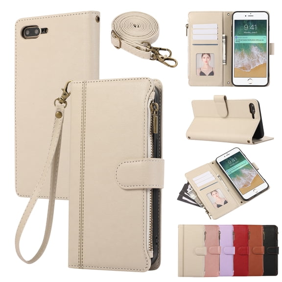 Wallet Phone Case Compatible with iPhone 8 Plus/7 Plus,Retro PU Leather Strap Wristlet Flip Phone Case with Magnetic Closure,[RFID Blocking] Card Holder and Kickstand for Men Women,Beige