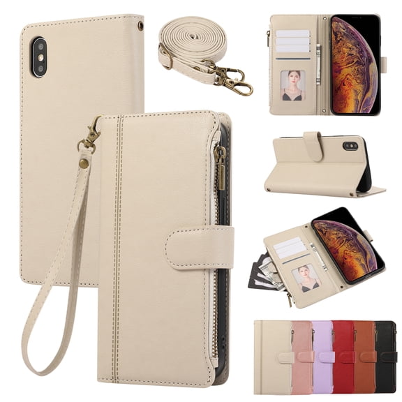 Wallet Phone Case Compatible with iPhone XR,Retro PU Leather Strap Wristlet Flip Phone Case with Magnetic Closure,[RFID Blocking] Card Holder and Kickstand for Men Women,Beige
