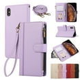thumbnail image 1 of Wallet Phone Case Compatible with iPhone XS/X,Retro PU Leather Strap Wristlet Flip Phone Case with Magnetic Closure,[RFID Blocking] Card Holder and Kickstand for Men Women,Purple, 1 of 9
