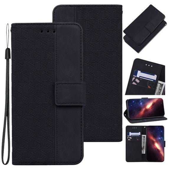 Wallet Phone Case Cover Compatible with iPhone 14, Vintage for Men Business Embossed PU Leather Flip Protective Case with Wrist Strap Kickstand for Apple iPhone 14 6.1 inch,Black