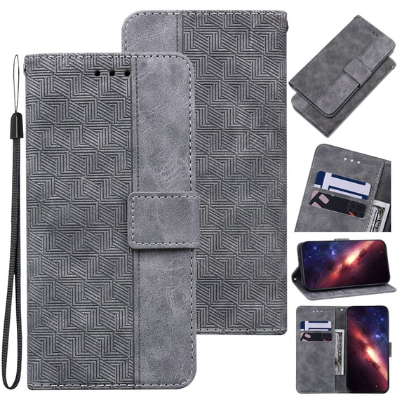 Wallet Phone Case Cover Compatible with iPhone 7 / 8 / SE 2022 & 2020, Vintage for Men Business Embossed PU Leather Flip Protective Case with Wrist Strap Kickstand, Gray