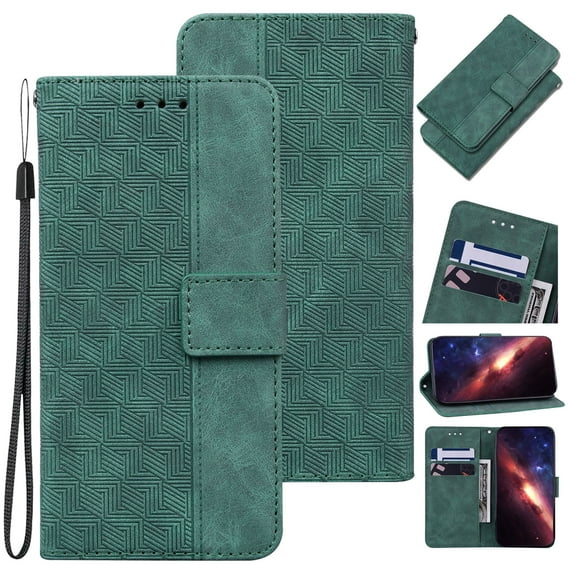 Wallet Phone Case Cover Compatible with iPhone XR, Vintage for Men Business Embossed PU Leather Flip Protective Case with Wrist Strap Kickstand for Apple iPhone XR, Green