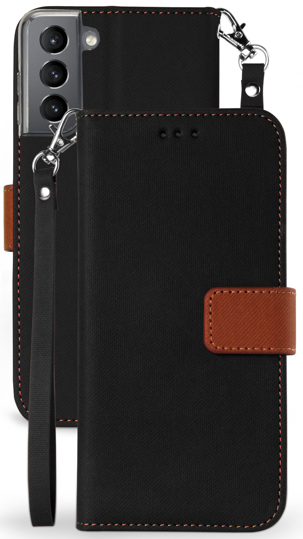 Wallet Phone Case for Galaxy S21 5G, [Black/Brown] Folio Credit Card Slot ID Cover, View Stand [with Magnetic Closure, Wrist Strap Lanyard] for Samsung Galaxy S21 5G (SM-G991) - image 1 of 8