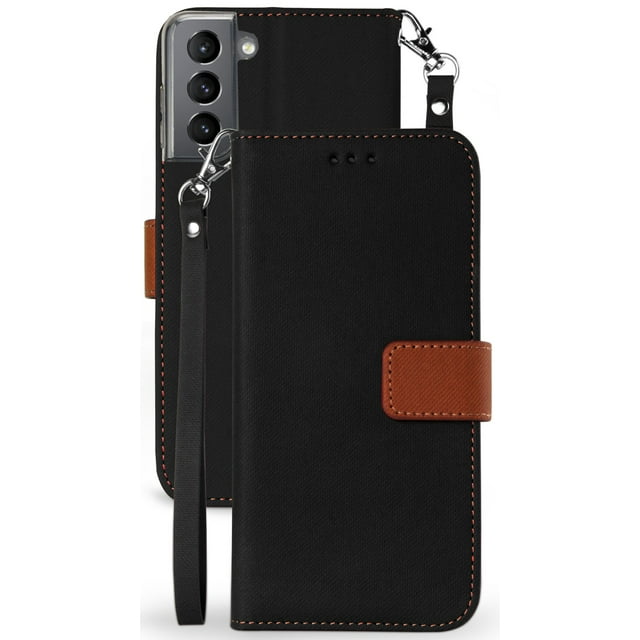 Wallet Phone Case for Galaxy S21 5G, [Black/Brown] Folio Credit Card Slot ID Cover, View Stand [with Magnetic Closure, Wrist Strap Lanyard] for Samsung Galaxy S21 5G (SM-G991)