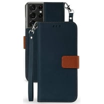 Wallet Phone Case for Galaxy S21 Ultra 5G, [Navy Blue/Brown] Folio Credit Card Slot ID Cover, View Stand [Magnetic Closure, Wrist Strap Lanyard] for Samsung Galaxy S21 Ultra 5G (SM-G998)