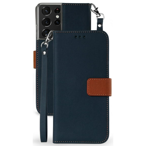Wallet Phone Case for Galaxy S21 Ultra 5G, [Navy Blue/Brown] Folio Credit Card Slot ID Cover, View Stand [Magnetic Closure, Wrist Strap Lanyard] for Samsung Galaxy S21 Ultra 5G (SM-G998)