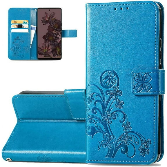 Wallet Phone Case for Google Pixel 7,Four-Leaf Clover PU+TPU Leather Flip Kickstand Case with Magnetic Clasp and Cash Card Slots Holder Cover for Google Pixel 7, SYC Blue