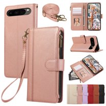 Wallet Phone Case for Google Pixel 7, Premium PU Leather Multiple Cards Holder Zipper Cash Pocket Purse with Hand Wrist Crossbody Shoulder Strap Case for Girls Women, Rosegold