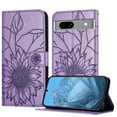 thumbnail image 1 of Wallet Phone Case for Google Pixel 7A,Emboss Sunflower Design,PU Leather Flip Folding Kickstand,With Card Slots,Magnetic Closure Shockproof Protective Folio Wallet Phone Case,Purple, 1 of 6
