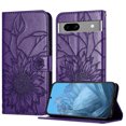 thumbnail image 1 of Wallet Phone Case for Google Pixel 7A,Emboss Sunflower Design,PU Leather Flip Folding Kickstand,With Card Slots,Magnetic Closure Shockproof Protective Folio Wallet Phone Case,Darkpurple, 1 of 6