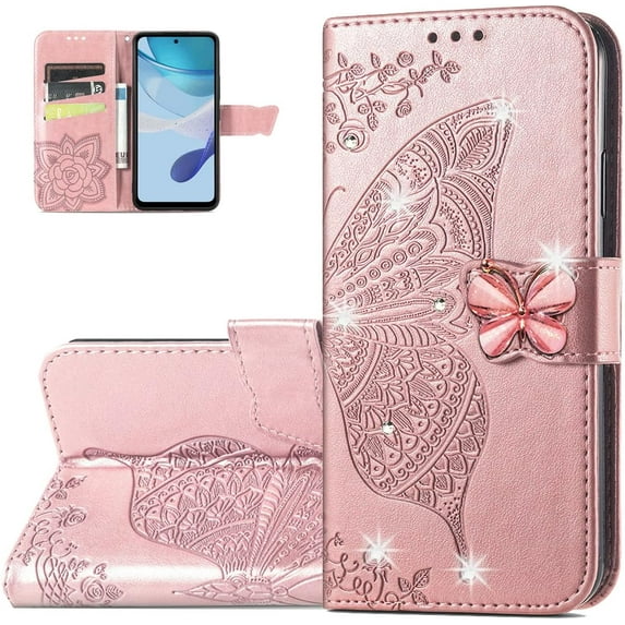 Wallet Phone Case for Moto G 5G 2023,3D Butterfly Pattern PU Leather Flip Kickstand Case with Magnetic Clasp and Cash Card Slots Holster for Moto G 5G 2023,HZD Rose Gold