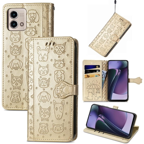Wallet Phone Case for Moto G Stylus 5G 2023,Cute Cartoon Cat Dog Pattern PU Leather Case with Magnetic Clasp and Cash Card Slots Holder Cover for Moto G Stylus 5G 2023,CD Gold