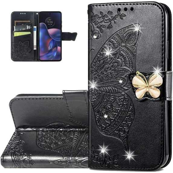 Wallet Phone Case for Motorola Edge 2022,3D Butterfly Pattern PU Leather Flip Kickstand Case with Magnetic Clasp and Cash Card Slots Holster for Moto Edge 2022, HZD Rhinestone Black