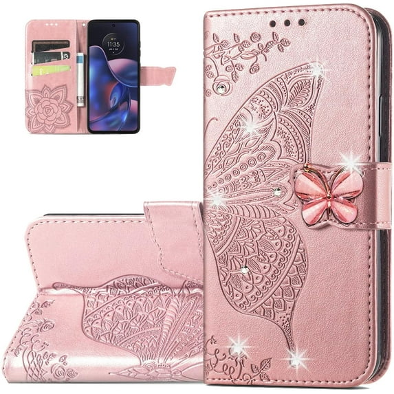 Wallet Phone Case for Motorola Edge 2022,3D Butterfly Pattern PU Leather Flip Kickstand Case with Magnetic Clasp and Cash Card Slots Holster for Moto Edge 2022, HZD Rhinestone Rose Gold