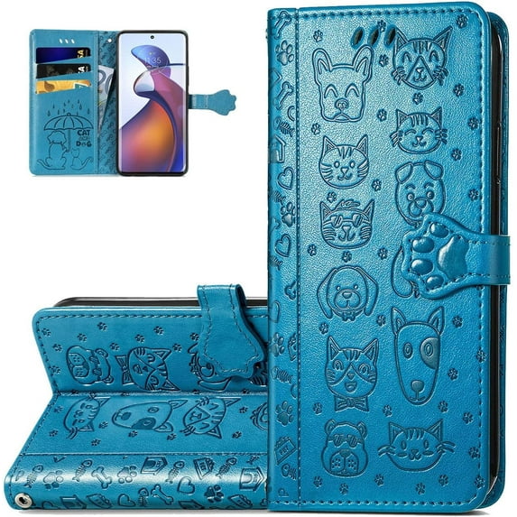 Wallet Phone Case for Motorola Edge 30 Fusion,Cute Cartoon Cat Dog Pattern PU Leather Case with Magnetic Clasp and Cash Card Slots Holster Cover for Moto Edge 30 Fusion,CD Blue