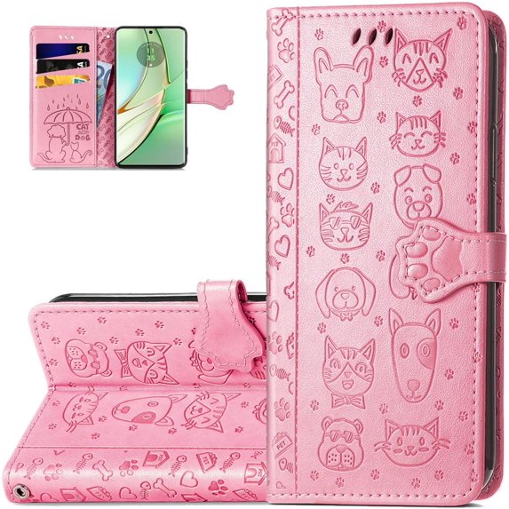 Wallet Phone Case for Motorola Edge 40,Cute Cartoon Cat Dog Pattern PU Leather Case with Magnetic Clasp and Cash Card Slots Holder Cover for Moto Edge 40,CD Pink