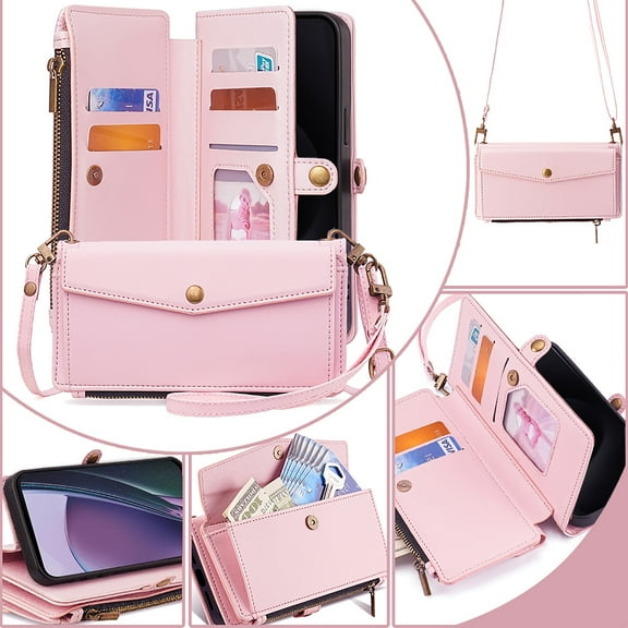 Wallet Phone Case for Motorola Motorola G Stylus 5G 2024, Crossbody Shoulder Strap Cards Holder Zipper Pocket RFID Blocking Drop Protection Shockproof Case Cover for Motorola G Stylus 5G 2024,Pink
