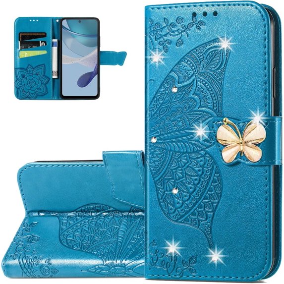 Wallet Phone Case for Motorola G53,3D Butterfly Pattern PU Leather Flip Kickstand Case with Magnetic Clasp and Cash Card Slots Holster for Moto G53, HZD Rhinestone Blue