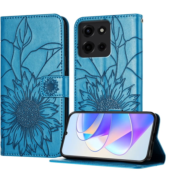 Wallet Phone Case for Motorola Moto G Power (2025),Emboss Sunflower Design,PU Leather Flip Folding Kickstand,With Card Slots,Magnetic Closure Shockproof Protective Folio Wallet Phone Case,Blue