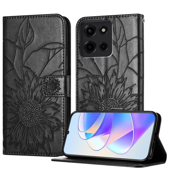 Wallet Phone Case for Motorola Moto G Power (2025),Emboss Sunflower Design,PU Leather Flip Folding Kickstand,With Card Slots,Magnetic Closure Shockproof Protective Folio Wallet Phone Case,Black