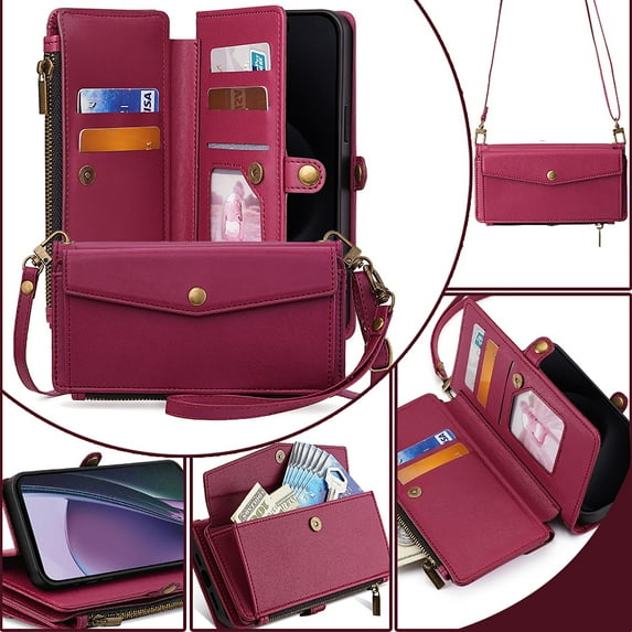 Wallet Phone Case for Motorola Motorola G Stylus 5G 2024, Crossbody Shoulder Strap Cards Holder Zipper Pocket RFID Blocking Drop Protection Shockproof Case Cover for Motorola G Stylus 5G 2024,Red