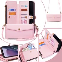 Wallet Phone Case for Motorola Motorola Moto G 5G 2024, Crossbody Shoulder Strap Cards Holder Zipper Pocket RFID Blocking Drop Protection Shockproof Case Cover for Motorola Moto G 5G 2024,Pink