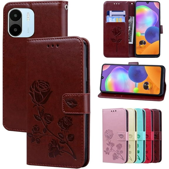 Wallet Phone Case for Redmi A1,Wallet Case for Redmi A2, Rose Flower Pattern Shockproof PU Leather Case with Magnetic Clasp and Cash Card Slots Holster for Redmi A1/A2,MG Coffee