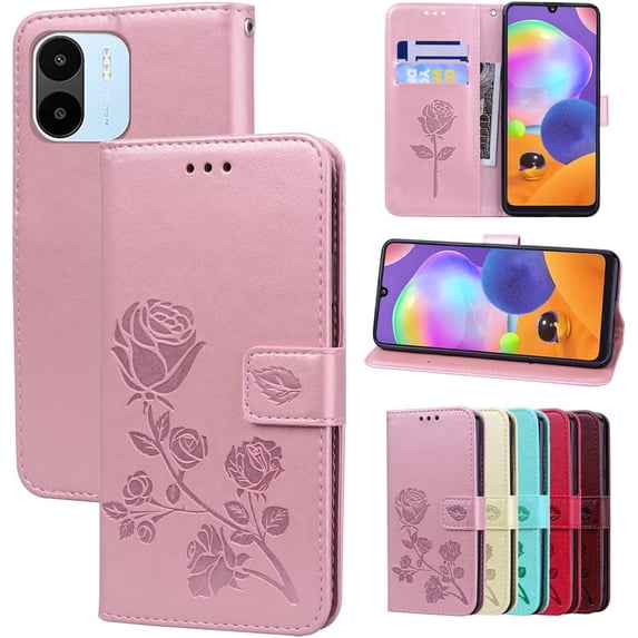 Wallet Phone Case for Redmi A1,Wallet Case for Redmi A2, Rose Flower Pattern Shockproof PU Leather Case with Magnetic Clasp and Cash Card Slots Holster for Redmi A1/A2,MG Pink
