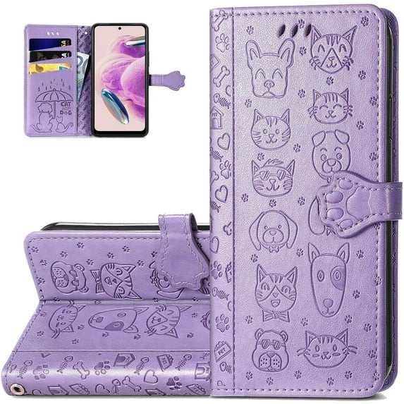 Wallet Phone Case for Redmi Note 12s,Cute Cartoon Cat Dog Pattern PU Leather Case with Magnetic Clasp and Cash Card Slots Holder Cover for Redmi Note 12s,CD Purple